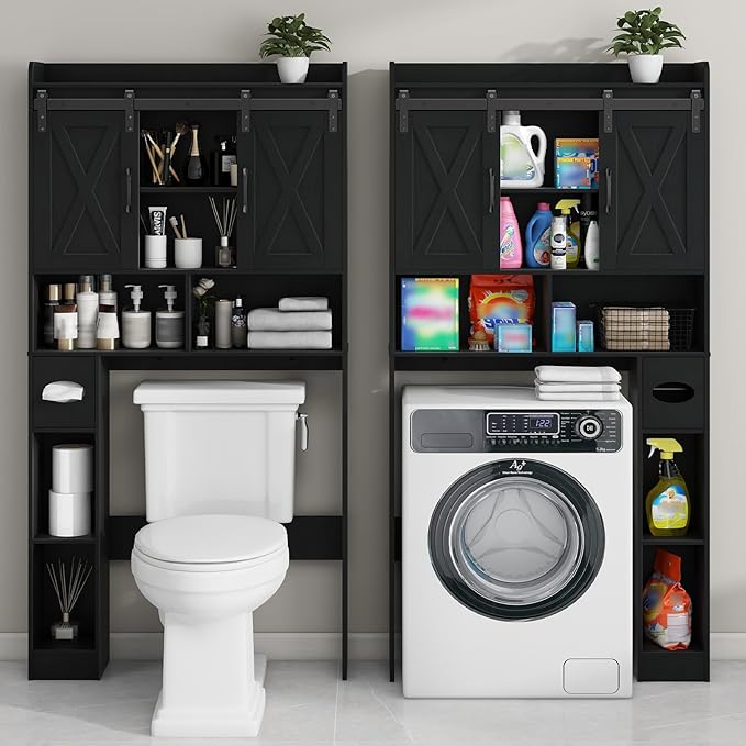Vabches Over The Toilet Storage Cabinet, Farmhouse Storage Cabinet Over Toilet with Sliding Doors & Toilet Paper Holder Stand,Home Space-Saving Toilet Rack, for Bathroom, Laundry and Restroom.Black