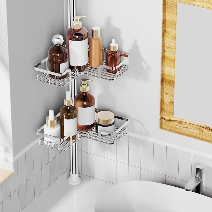 ZUNTO Shower Caddy Corner for Bathroom, Tension Pole, Adjustable 25in-114in Floor to Ceiling, Standing Shower Tension Rod Organizer, 4 Tier Bathroom Storage Shelves, Silver