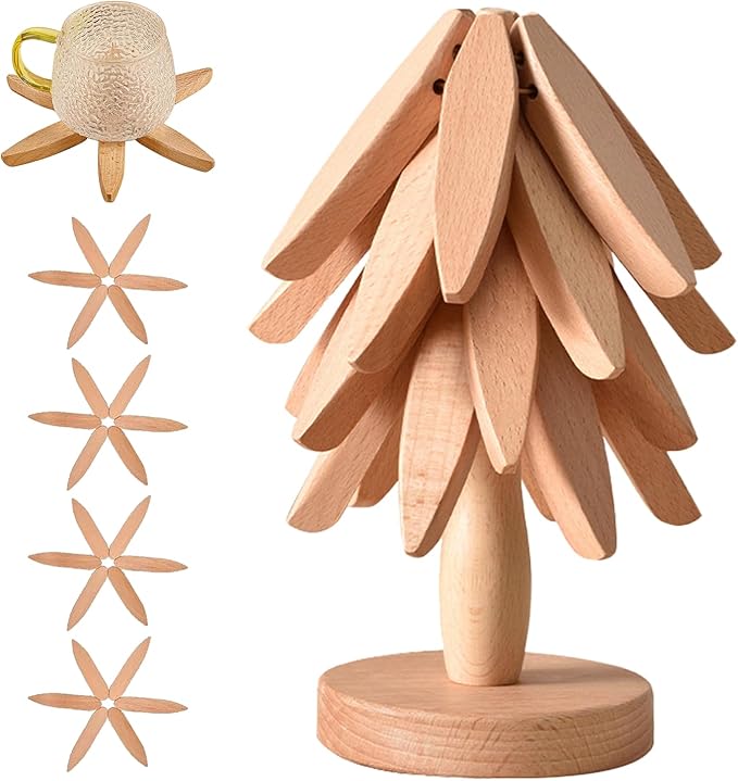 Wooden Trivets for Hot Dishes, Tree Shape Trivet Set, 4 Walnut Wood + 1 Stand stored Like a Christmas Tree,Foldable Kitchen Wooden Trivet,for Hot Dishes、Pot、Bowl、Teapot、Hot Pot Holder(Brown)