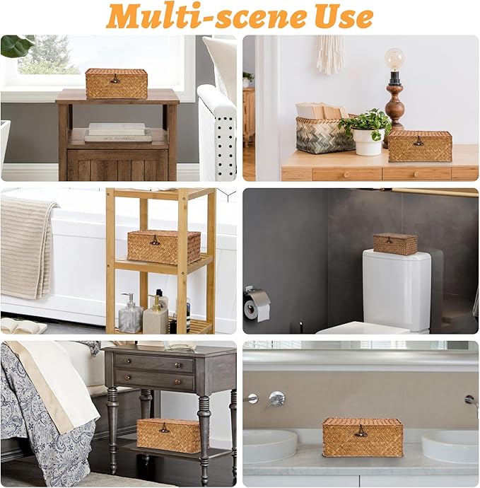Sumnacon Wicker Basket with Lid Rectangle Woven Baskets for Toiletries Tampon Storage,Wicker Storage Basket with Lid,Decorative Seagrass Storage Baskets for Shelf Bathroom Toilet Table, Caramel