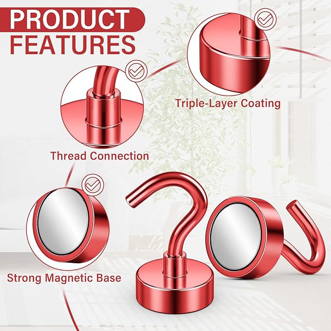 Magnetic Hooks, 25 lbs Magnetic Hooks, Magnet Hook for Cruise Cabins, Magnet Metal Hooks for Refrigerator, Mugs, Classroom, Kitchen, Home (Red, 8 Pack)