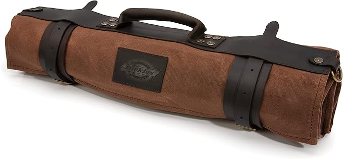 Dickies Chef Knife Roll Bag Portable Organizer and Cutlery Storage Roll, Waxed Canvas and Leather, Medium