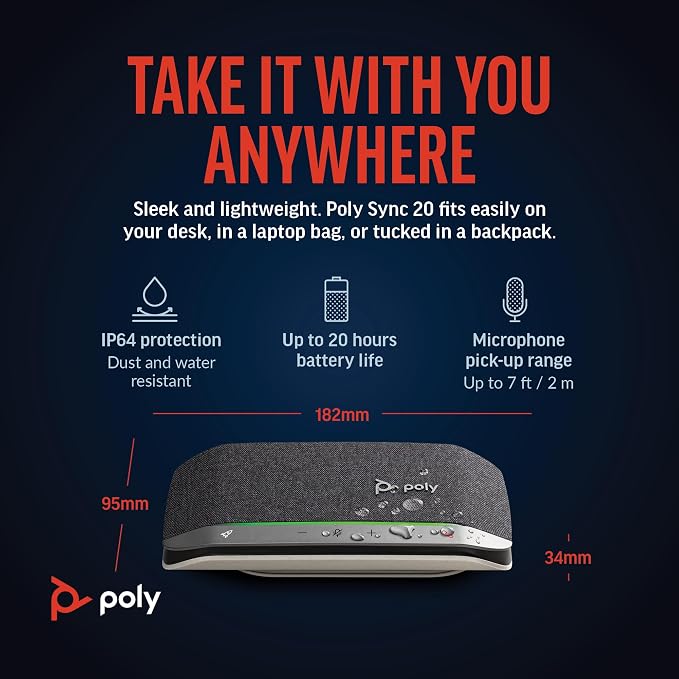Poly Sync 20 USB-C Personal Portable Smart Speakerphone – Noise/Echo Reduction
