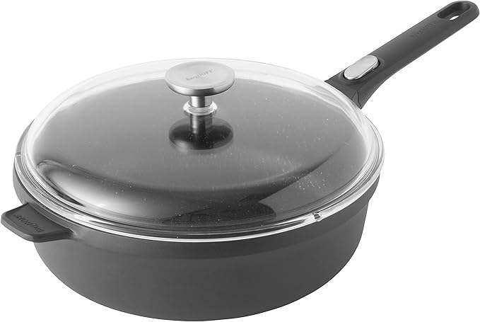 BergHOFF Gem Non-Stick Ceramic Coated Induction-Safe 2-Handled Sautepan with Glass Lid, Cast Aluminium, Black, 36 x 29 x 15.5 cm