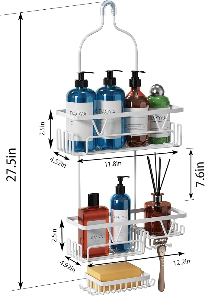 Over the Shower Head Caddy, White Shower Caddy Hanging, 3 Tier Anti-Swing Bathroom Organizer with Soap Holder & Hooks