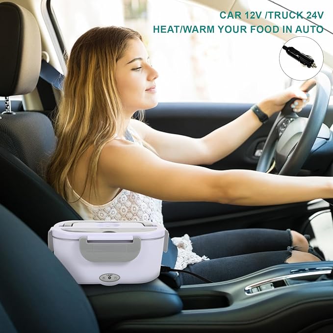 Electric Lunch Box Food Heater, 80W Heated Lunch Box for Adults, 12V 24V 110V Portable Food Warmer LunchBox for Car Truck Work with Removable 304 Stainless Steel Container White