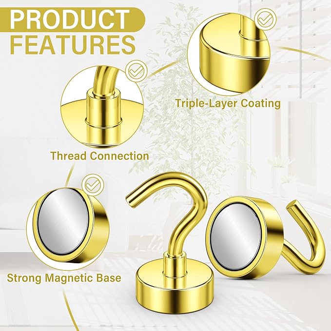 Magnetic Hooks, Heavy Duty Magnets with Hook, 25lbs Magnetic Hooks for Hanging Mugs, Magnetic Cruise Hooks for Cabins, Lock Accessories, Home, Classroom (Gold, Pack of 8)