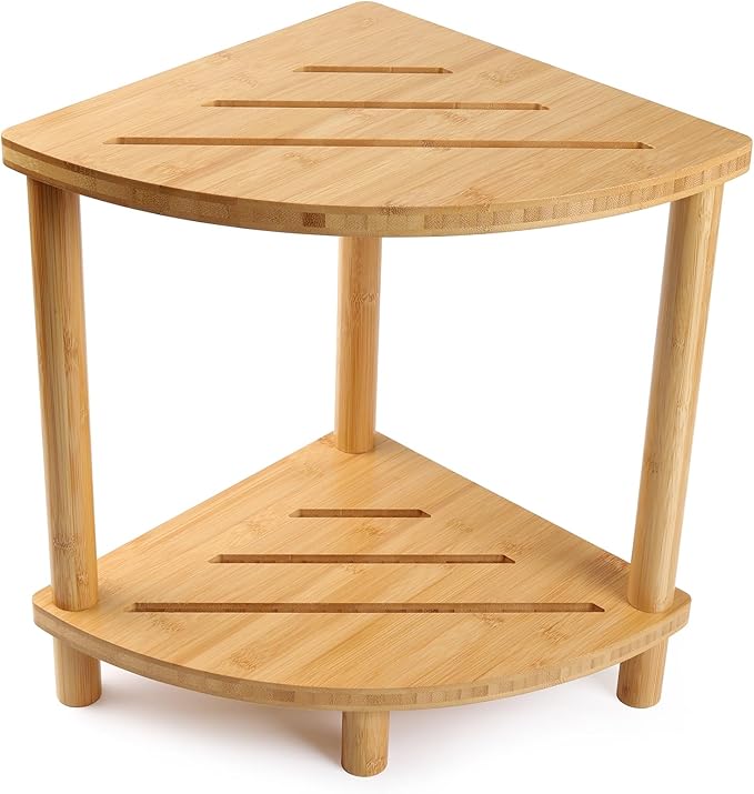 Upgraded Bamboo Corner Shower Stool for Inside Shower Waterproof,2-Tier Shower Foot Rest with Storage Shelf,Corner Shower Shelf Bench Caddy Shaving Leg,Bath Seat,Gifts for Women Mom