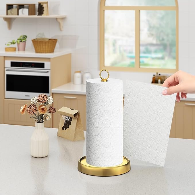 Gold Paper Towel Holder Countertop, Gold Kitchen Accessories Decor, Stainless Steel, Weighted Base, Paper Towel Stand for Bathroom Farmhouse Essentials