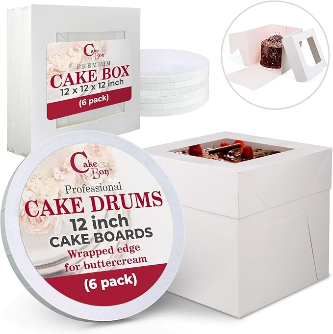 Cakebon Cake Box with Boards 8" White Round Wrapped Cake Drum 6Pack
