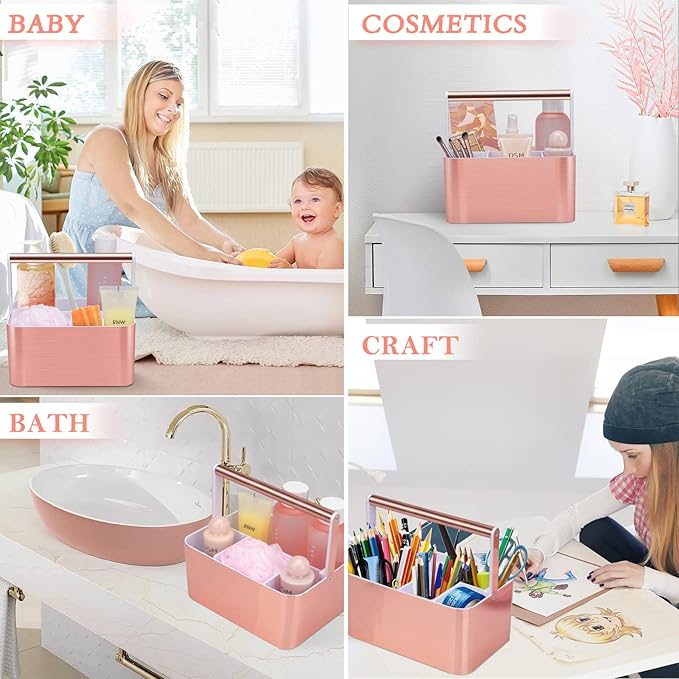 Compact Shower Caddy Dorm - Portable Bathroom Caddy Organizer with Handle and Adjustable Divider for College Dorm & Shared Bathroom, Hard Plastic Shower Basket Tote for Toiletry Drainage, Pink