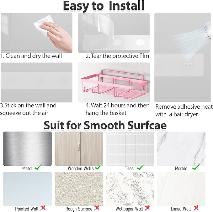 10 Pack Shower Caddy Organizer Rack Shelf for Inside Shower, Self Adhesive Wall Storage Basket Rustproof Stainless Steel Shampoo Holder Bathroom Accessory Decor Set, Pink