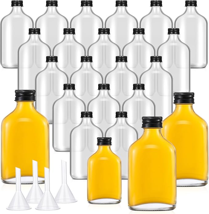 Gejoy 24 Pcs Mini Liquor Glass Flask Bottles with Black Caps Clear,8.5 oz