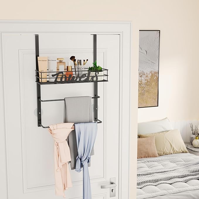 SWTYMIKI SWTYMIKI Over The Door Towel Racks for Bathroom - 5-Tier Wall Mounted Bathroom Towel Storage Organizer Holder with Metal Shelf (3 Tier-Black)