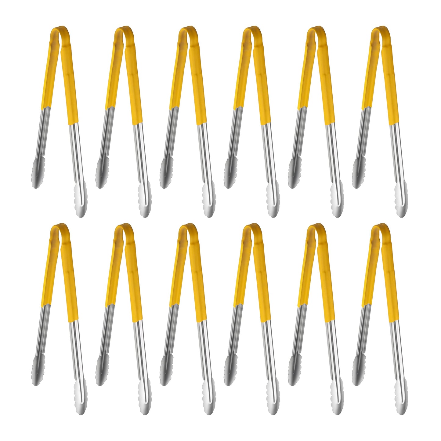 New Star Foodservice 12 Inch Utility Spring Tongs, Set of 12, Commercial Restaurant Grade Stainless Steel Tongs with Green Vinyl Coated Handles