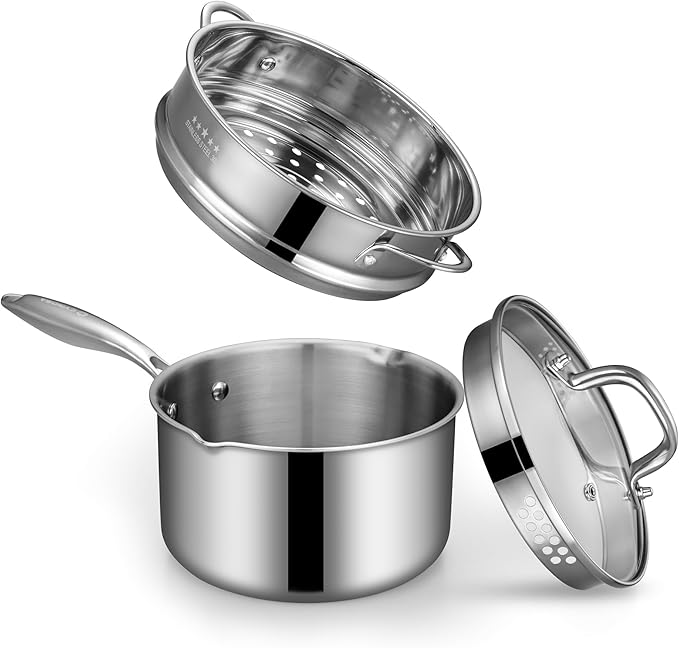 Stainless Steel Saucepan with Glass Lid, 2.0 Quart Multipurpose Sauce Pan, Sauce Pot with for Easy Pour with Ergonomic Handle
