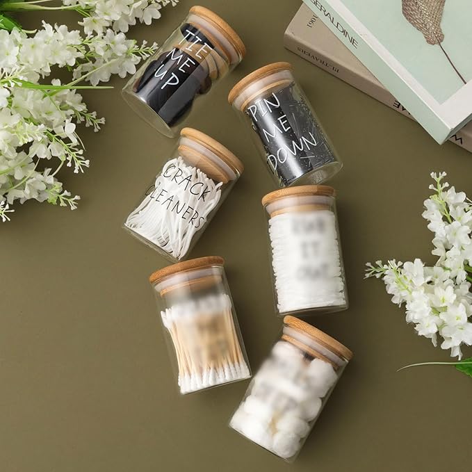 Tessco 6 Pcs Apothecary Jars Glass Jars with Lids for Bathroom Qtip Holder Glass Cotton Ball Holder for Home Bathroom Farmhouse Storage Containers Makeup Organizer Decoration