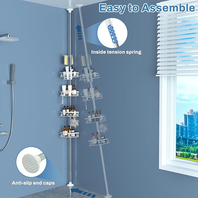 Rustproof Shower Corner Caddy Shelf for Bathroom Tension Pole Organizer with 4 Baskets for Bathtub Shampoo Storage from 23.6 to 114.5 Inch with Towel Bar (Silver)