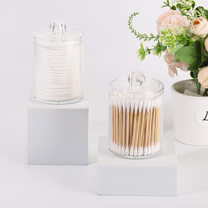 Tbestmax 4 Pack Qtip Holder - Restroom Bathroom Organizers with Clear Plastic Apothecary Jars for Cotton Swab, Round Pads, Floss