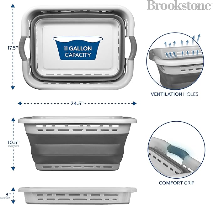 BROOKSTONE 11 GALLON XL 24" Collapsible Laundry Basket & Clothes Hamper, Comfort Non-Slip Handles, Modern Laundry Hamper with Space Saving Design, Portable Pop-Up Hamper, BPA FREE, Light Grey, 1 Pack