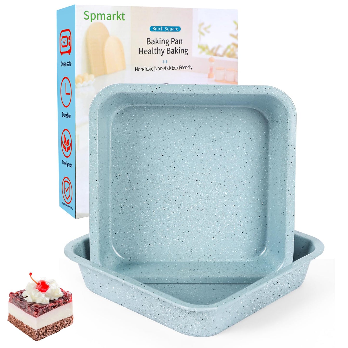 Spmarkt 2-Pack 8 inch Square Baking Pan, Non-Stick Square Cake Pan for Cakes Lasagna Brownies, 8x8 Baking Pan, Even Heating, Easy to Clean, Light Blue