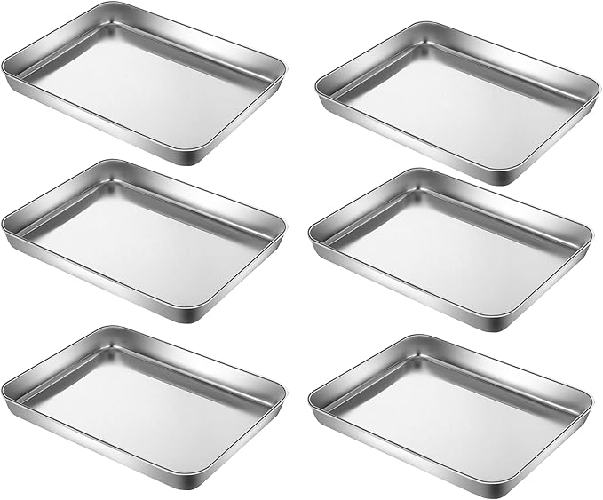 HYTK Small Cookie Baking Sheet Pans Stainless Steel 304 Tiny Serving Tray 12.4 x9.6 x1.1Inch (Diagonal 14.8) No Rust Dishwasher Safe Bakeware 6 Pack