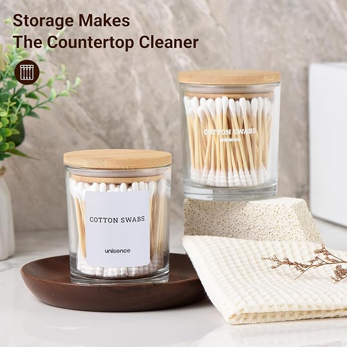 Glass Qtip Holder 2 Pack , Qtip Holder Dispenser Bathroom Set Bathroom Organizers and Storage Q tip Holder with Lid Makeup Storage Organizer for Cotton Swabs,Cotton Balls,Pads,Floss Picks Transparent