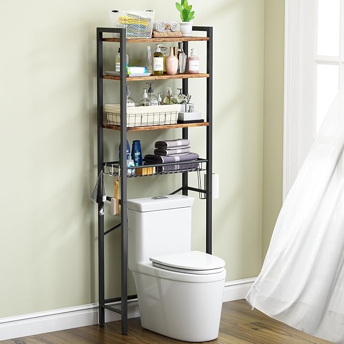 Over-The-Toilet Storage Rack, 4-Tier Bathroom Organizer Shelf Over Toilet with Adjustable Shelf and Basket, Freestanding Space Saver Bathroom Shelves Above Toilet for Room (Vintage Brown)
