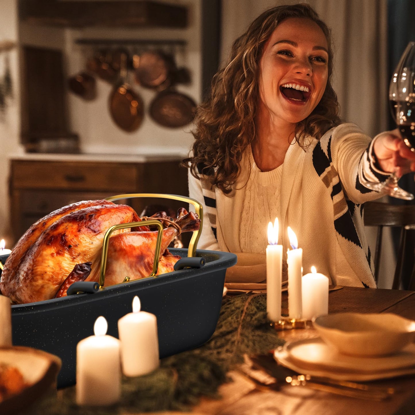 Turkey Roasting Pan, 17x13 Inch Roaster Pan for Turkey, Black&Silver