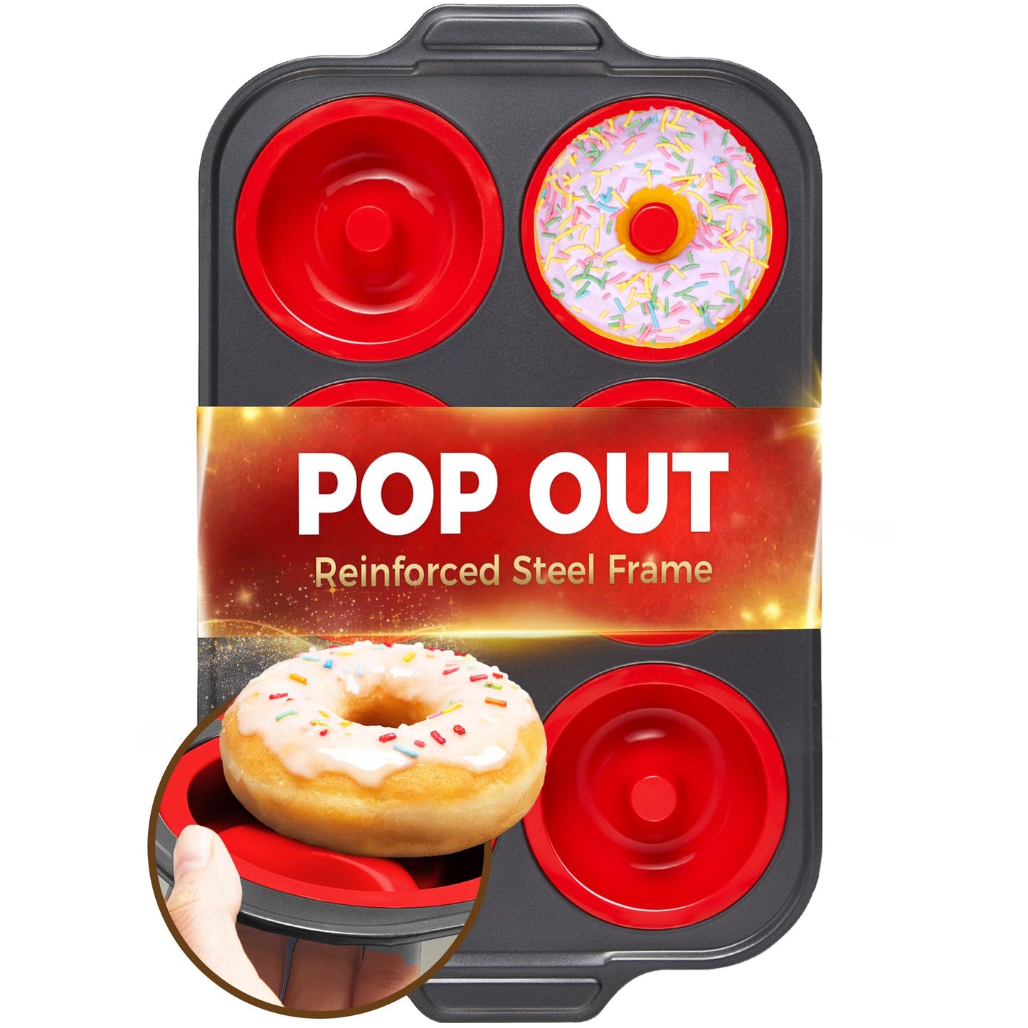 BRONYPRO Silicone Donut Pan for Baking with Metal Reinforced Frame, 6-Cavity Nonstick Doughnut Mold, Large Donut Size, Food-Grade Bakeware, Oven Dishwasher Freezer Safe, Blue