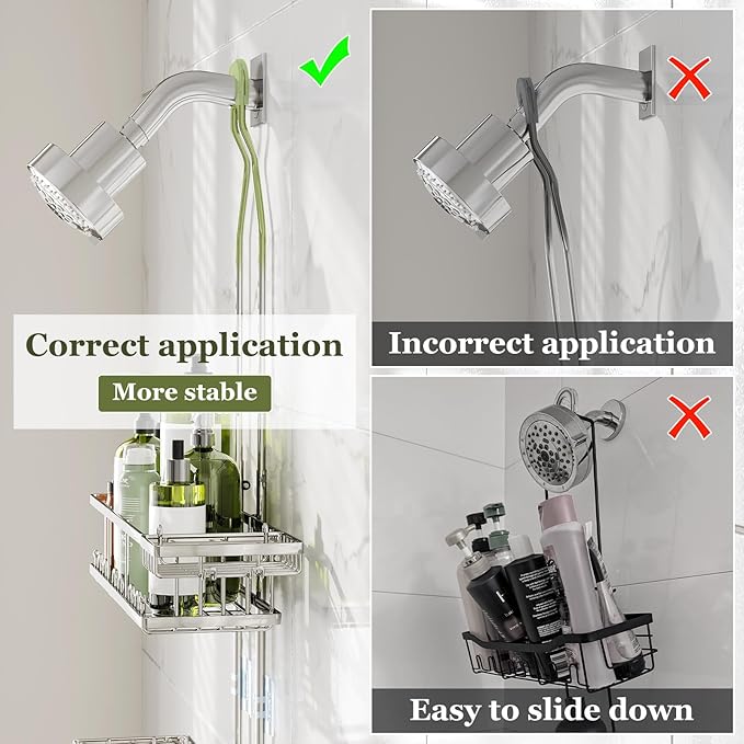 Shower Caddy Hanging: Adjustable Height, Rustproof Shelves with Hooks, 2 Soap Holders - Silver Shower Organizer Over Showerhead