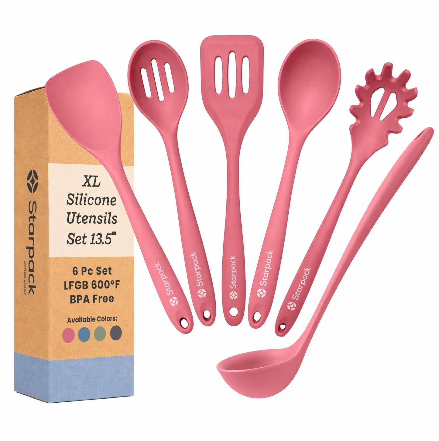 Starpack Like a Boss XL Silicone Cooking Utensils Set (6-Piece, 13.5") - LFGB Certified, 600°F Heat Resistant, BPA-Free - Heavy-Duty Steel Core, Dishwasher Safe - for Nonstick Cookware, Earthy Pink