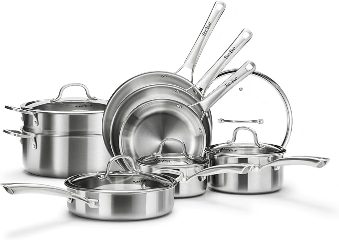 Stainless Steel Cookware Set,Tir-Ply Pots and Pans Set,13 Pcs Stainless Steel Induction Kitchen Cookware Sets,PFOA Free, Frying Pans, Butter warmer,Saute Pan & Stock Pot,Compatible with All Cooktops
