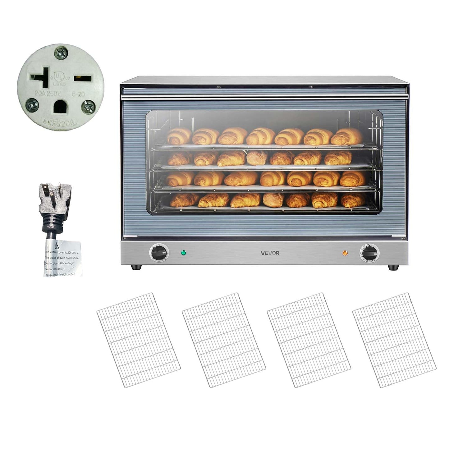 VEVOR Commercial Countertop Oven, 66L 4-Tier Toaster Ovens with Tempered Glass Door, Wire Racks & Tray, 2800W Stainless Steel Baking Ovens for Restaurant Bakery (AC208~240V,60Hz, 6-20P Plug & Outlet)
