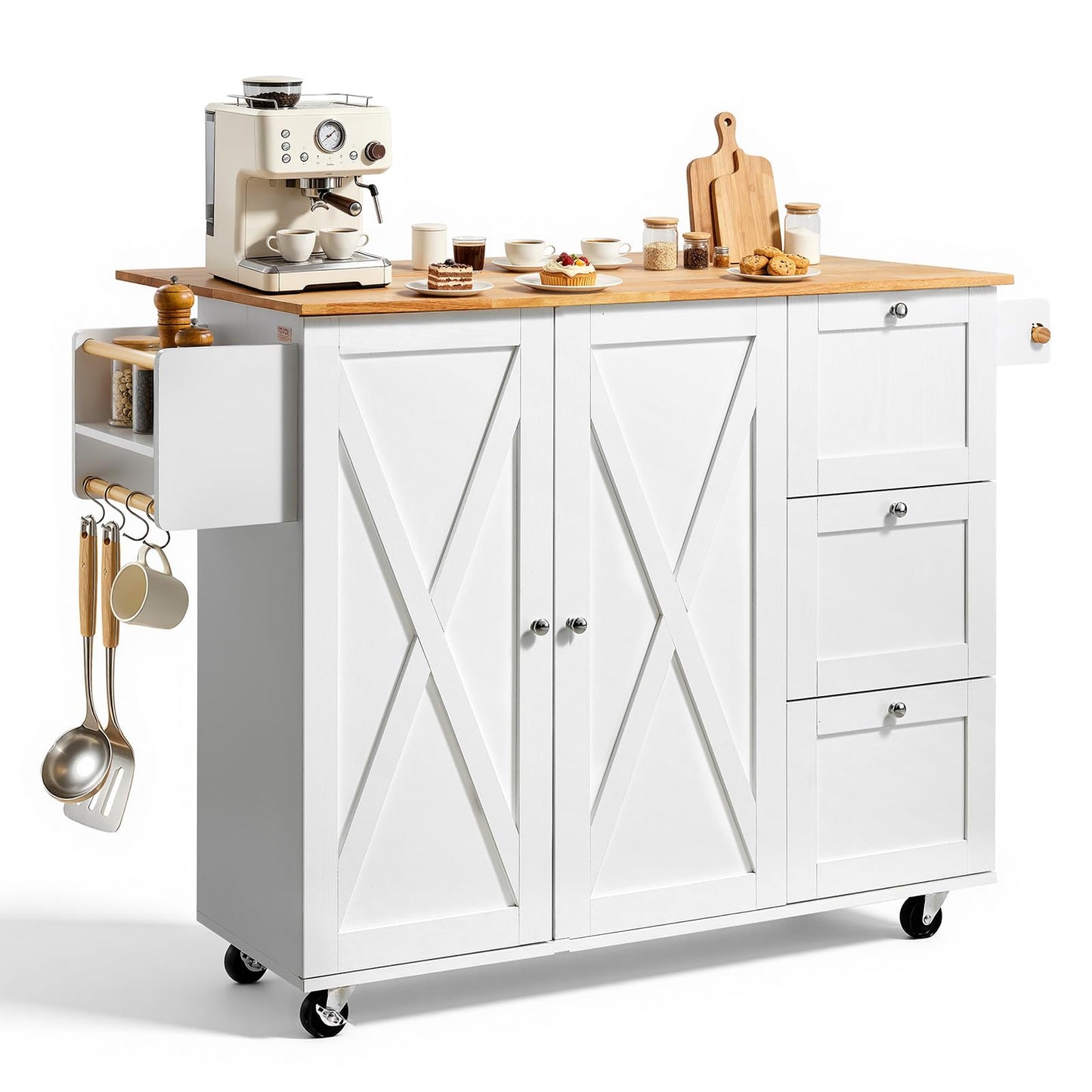 VEVOR Kitchen Island Cart with Single Door Cabinet, Mobile Carts with Drawer, Towel Rack, Hooks, Portable Table on Swivel Wheels, Small Coffee Islands Microwave Stand for Dining Room, 18x23 in, White