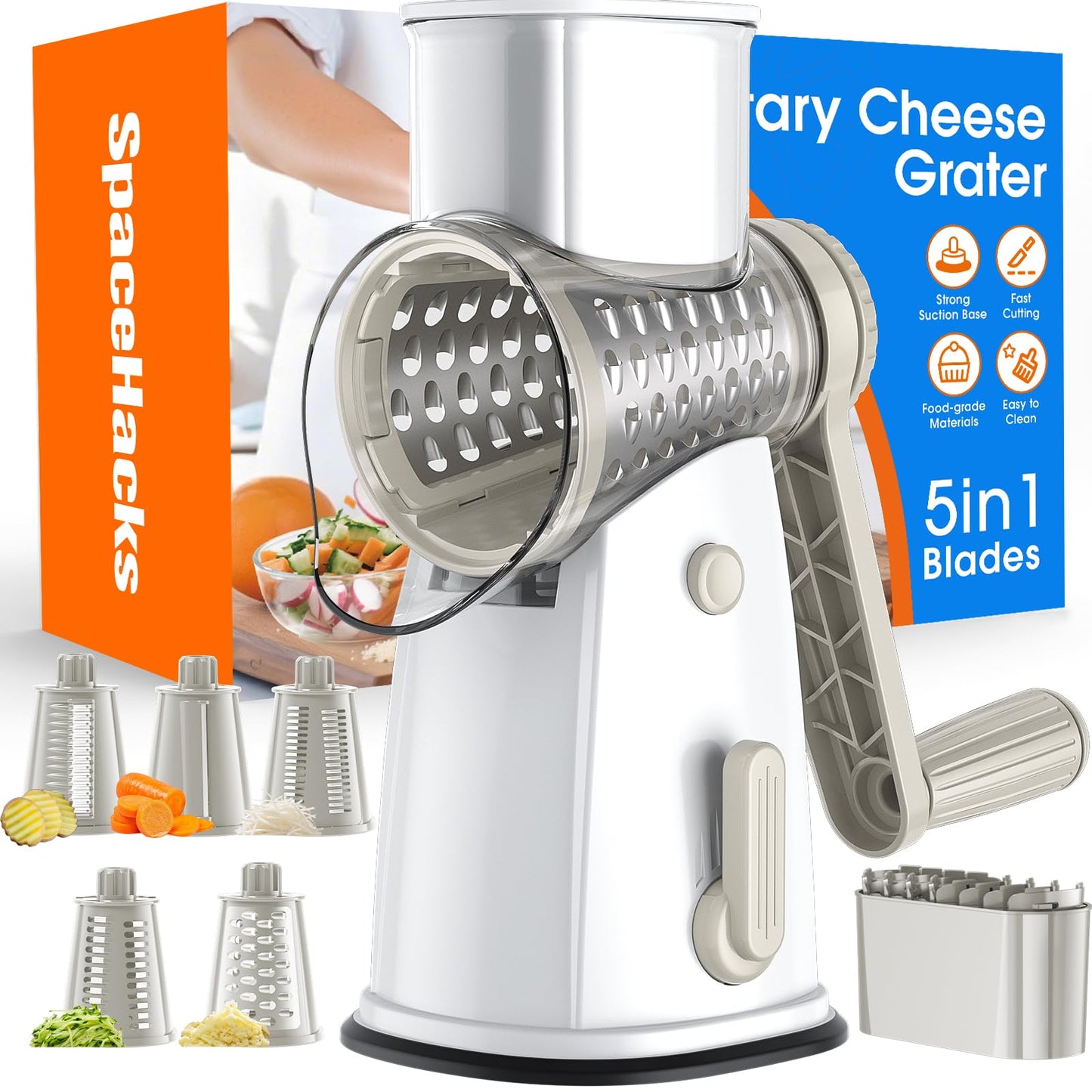 Rotary Cheese Grater Hand Crank, 5-in-1 Vegetable Chopper Spiralizer Slicer