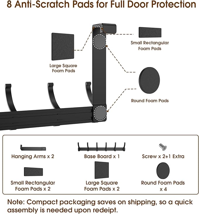 Over The Door Hooks Hanger with Extended Arms, Fit 1 3/8" Door, Tool-Free Assembly, F7U, Towel Rack Organizer Holder - Black