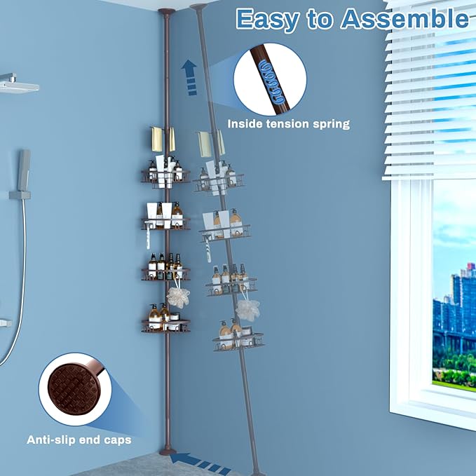 Rustproof Shower Corner Caddy Shelf for Bathroom Tension Pole Organizer with 4 Baskets for Bathtub Shampoo Storage from 23.6 to 114.5 Inch with Towel Bar (Bronze)
