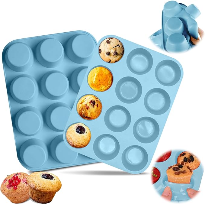 12 Cups Silicone Muffin Pan, Nonstick Cupcake Pan, Heat Resistant Silicone Muffin Tin, Reusable Cupcake Moulds Baking Pan for Cakes, Bread (Orange-2 Packs)