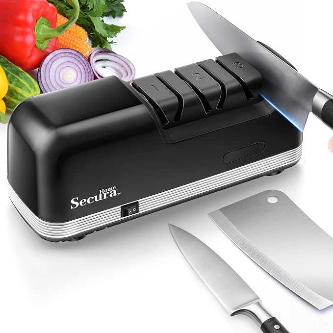Secura 3-Stage Electric Knife Sharpener with Diamond Abrasives and Precision Angle Guides, Professional Sharpening Tool for Kitchen Straight Edge and Ceramic Knife, Black