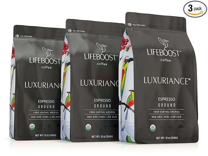 Lifeboost Organic Espresso Ground Coffee - Non-GMO Low Acid Single Origin USDA Shade Grown Organic Espresso Coffee - Third Party Tested For Mycotoxins & Pesticides 12oz Bag