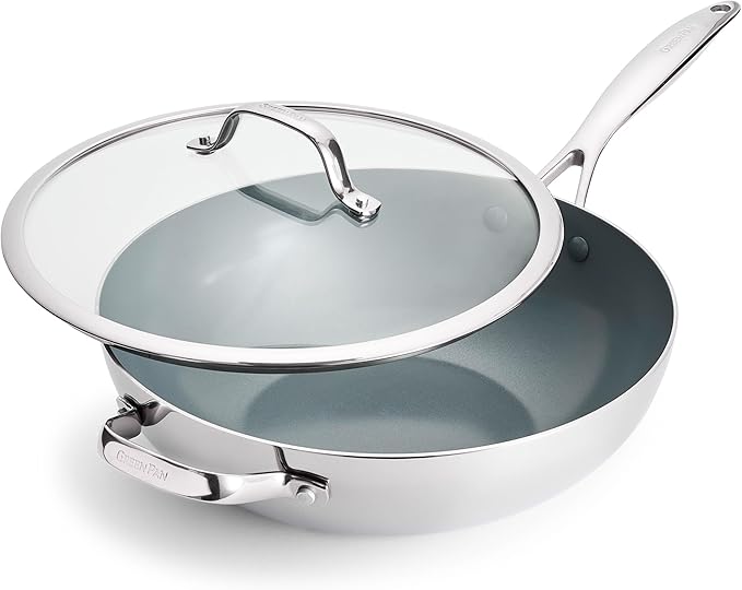 GreenPan Valencia Pro Tri-Ply Stainless Steel 12" Wok Pan with Lid, Induction Ready Cookware, All Cooktops, Sauce Pot, Mirror Finish, Dishwasher & Oven/Broiler Safe to 600F