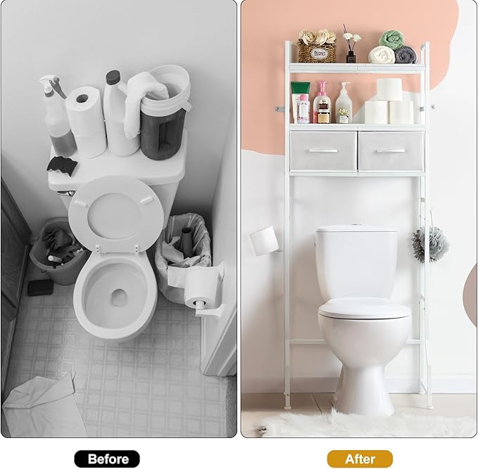 YBING Over The Toilet Storage Cabinet, Over Toilet Bathroom Organizer with Drawer, Above Toilet Stand with Roll Holder and Hooks, Over Toilet Storage Shelf Cabinet, Wooden, White
