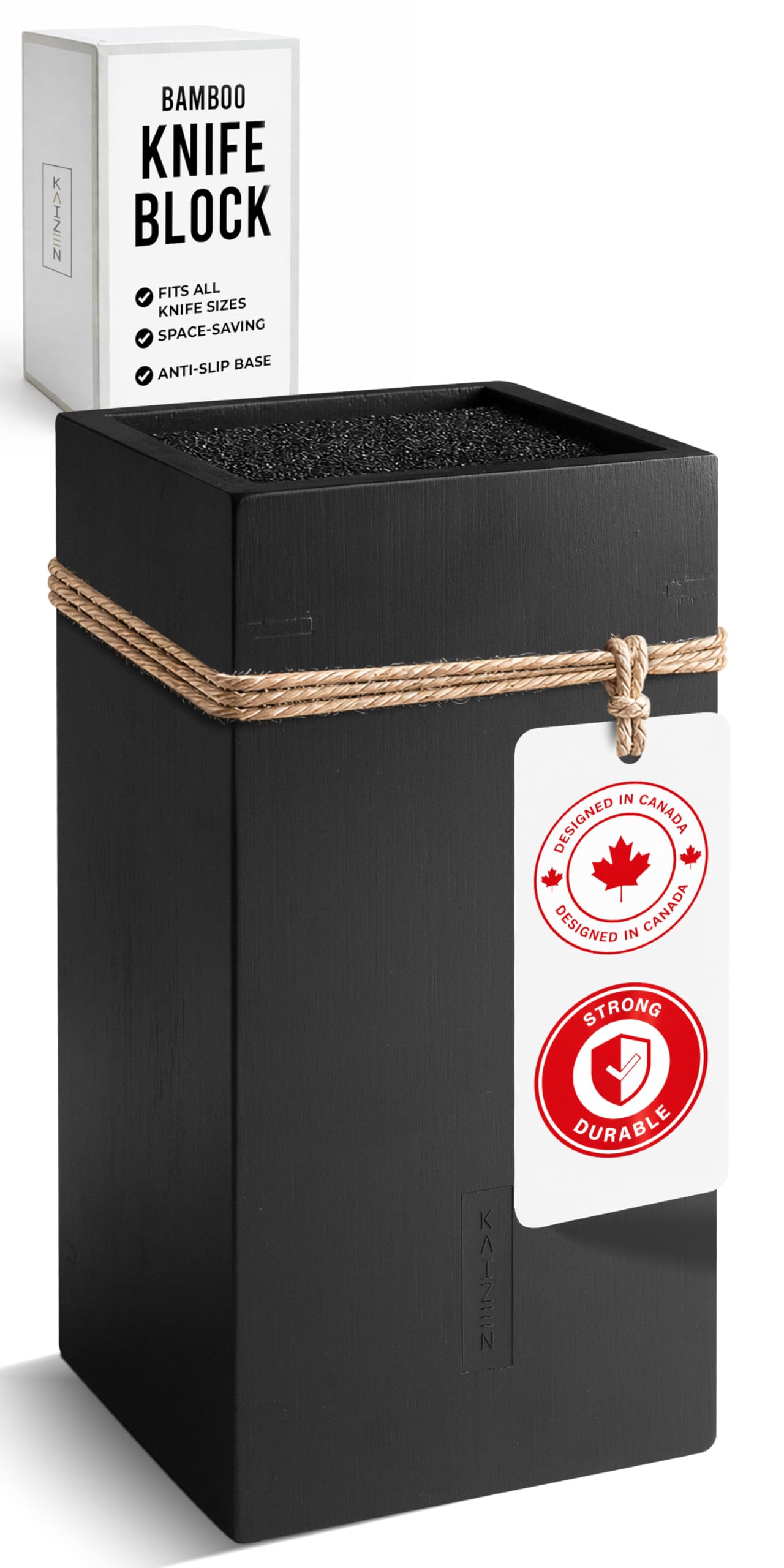 KAIZEN Bamboo Knife Block Without Knives - Perfectly Sized Universal Knife Holder for Knives, Scissors - Unique Knife Storage for Counter Top with Anti-Slip Base (Black)