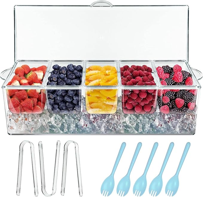INNOVATIVE LIFE Large Salad Bowl with Ice Chiller Base and Lid, Kitchen Refrigerated Veggie Tray with Two Long Spoons, Party Platters for Food, Clear