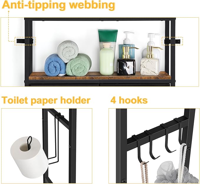 YBING Over The Toilet Bathroom Storage Cabinet for Freestanding, Above Toilet Shelf with Fabric Drawer, Tall Bathroom Shelf Organizer with Toilet Paper Holder, Brown