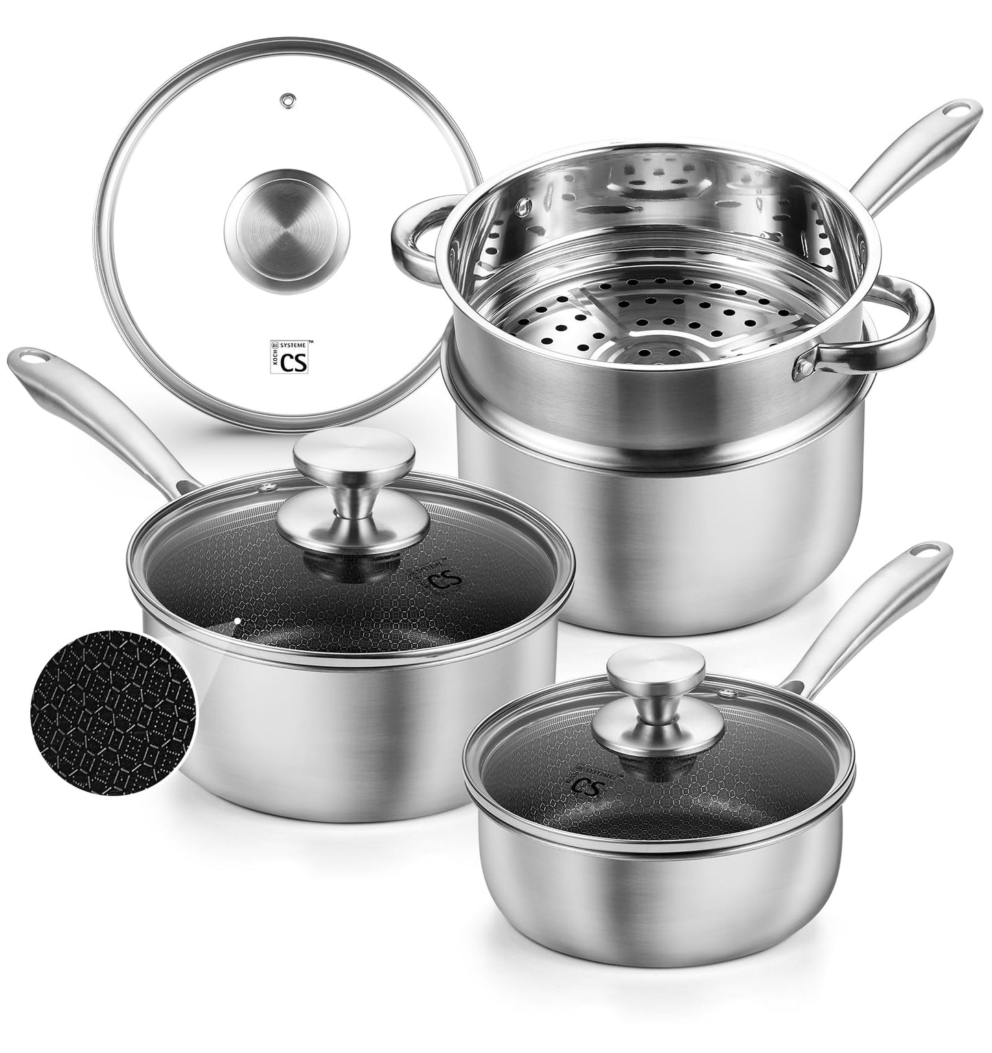 KOCH SYSTEME CS Hybrid Nonstick Stainless Steel Sauce Pan 3QT, Tri-ply Stainless Steel Pot with Honeycomb Interior, Hybrid Sauce Pan with Lid, 18/10 Steel Pot, Induction Compatible