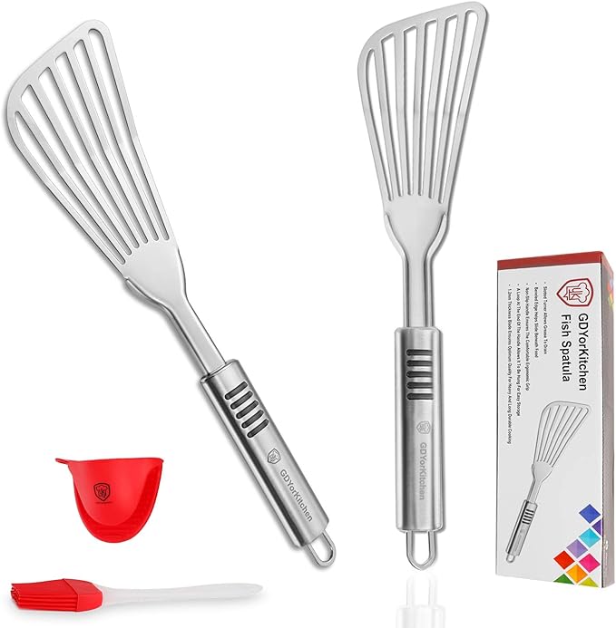 Stainless Steel Fish Spatula with 1.2mm Thick Blade - Multipurpose Turner for Fish, Eggs, Meat, and Dumplings - Perfect for Grilling, Frying, and More - Bonus Silicone Brush and Oven Mitt - Set of 1
