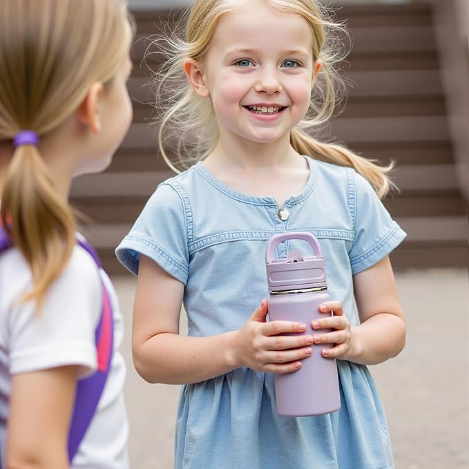 12oz Kids Water Bottle for School, Toddler Bottles with Straws, Stainless Steel Vacuum Insulated Water Bottle for Boys&Girls, Leak-Proof, BPA-Free, Lavender