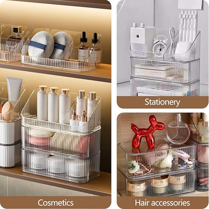 Medicine Cabinet Organizer 2 Tier, Stackable Bathroom Mirror Cabinet Storage,Small Makeup Organizers with 1 Drawer and 1 Tray for Wall Cabinet, Closet, Vanity, Countertop, Clear